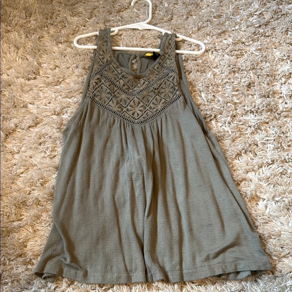 Prince & Fox Green Tank Top with Embellished Crochet and Pleated Style